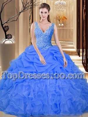 Flirting Blue Backless 15 Quinceanera Dress Lace and Appliques and Ruffles and Pick Ups Sleeveless Floor Length