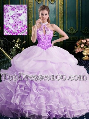 Inexpensive Halter Top Lavender Organza Lace Up Quince Ball Gowns Sleeveless Brush Train Beading and Lace and Appliques and Ruffles and Pick Ups