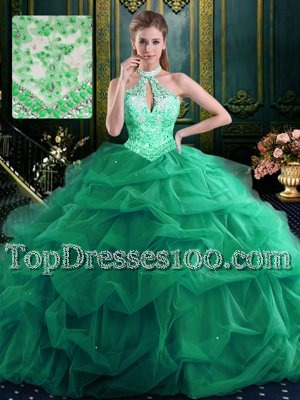 Halter Top Sleeveless Quinceanera Dresses Floor Length Beading and Ruffles and Pick Ups Dark Green Organza and Tulle