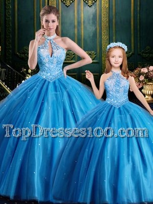 Inexpensive Baby Blue Halter Top Neckline Beading and Appliques Quinceanera Dresses Sleeveless Lace Up