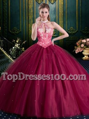Enchanting Burgundy Tulle Lace Up Halter Top Sleeveless Floor Length Quinceanera Gowns Beading and Lace and Appliques