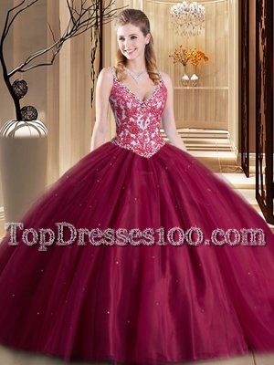 Super Burgundy Ball Gowns Tulle Spaghetti Straps Sleeveless Beading and Lace and Appliques Floor Length Lace Up Quinceanera Dress