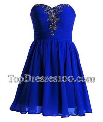 Exquisite Royal Blue Chiffon Lace Up Sweetheart Sleeveless Mini Length Juniors Party Dress Beading