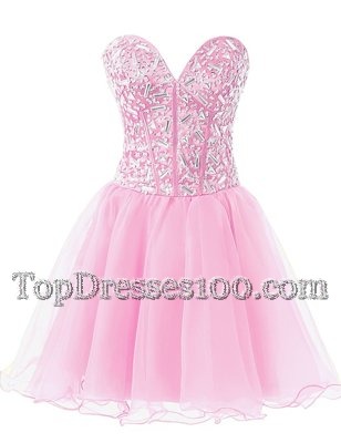 Low Price Rose Pink A-line Chiffon Sweetheart Sleeveless Beading Knee Length Lace Up Cocktail Dresses
