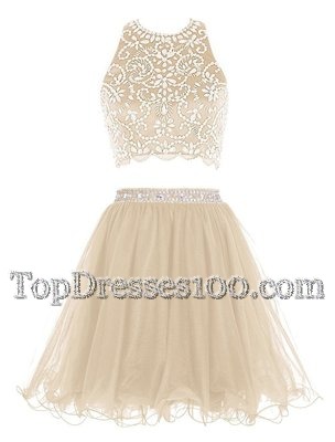 Ideal Champagne Scoop Backless Beading Party Dress for Girls Sleeveless