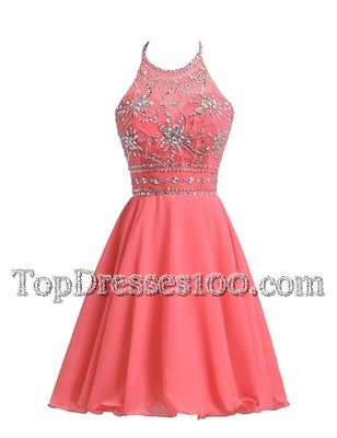 Charming Halter Top Sleeveless Party Dress Knee Length Beading Watermelon Red Chiffon