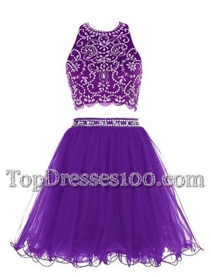 Most Popular Scoop Purple Sleeveless Mini Length Beading Clasp Handle Cocktail Dresses