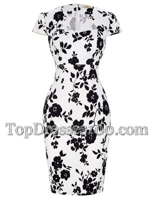 Suitable White And Black Short Sleeves Pattern and Belt Knee Length Party Dress for Toddlers