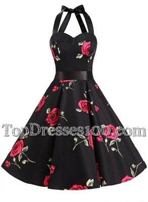 Halter Top Knee Length Black Cocktail Dresses Chiffon Sleeveless Sashes|ribbons and Pattern