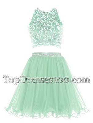 High End Halter Top Mini Length Apple Green Party Dress Wholesale Organza Sleeveless Beading