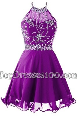 Noble Halter Top Beading Juniors Party Dress Purple Zipper Sleeveless Mini Length