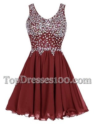 High End Burgundy A-line Chiffon Straps Sleeveless Beading Knee Length Zipper Party Dress for Toddlers