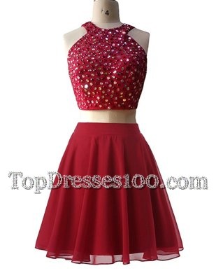 Nice Wine Red Chiffon Zipper Scoop Sleeveless Knee Length Party Dresses Beading