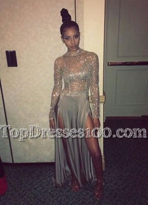Fitting Scoop Long Sleeves Satin Floor Length Zipper Dress for Prom in Grey for with Beading