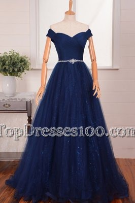 Suitable Navy Blue A-line Off The Shoulder Sleeveless Organza With Brush Train Zipper Belt Dress for Prom