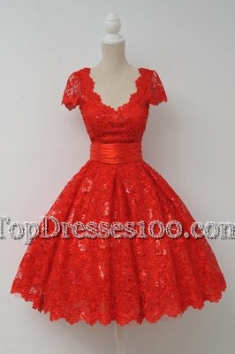 Gorgeous Lace Scalloped Red Cap Sleeves Sashes|ribbons Knee Length Teens Party Dress