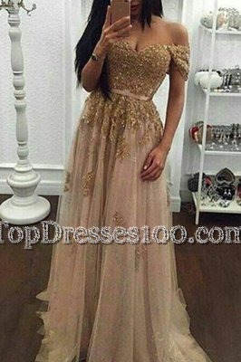Fantastic Off the Shoulder Champagne Short Sleeves Tulle Sweep Train Zipper Evening Dress for Prom