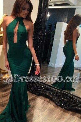 Mermaid Halter Top Sleeveless Sweep Train Backless Dress for Prom Green Elastic Woven Satin
