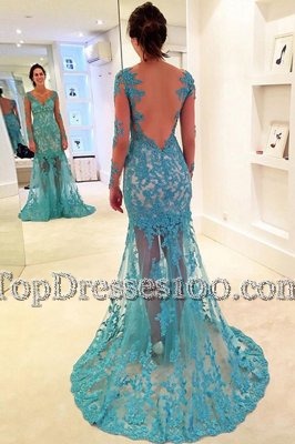 Mermaid Lace V-neck Long Sleeves Brush Train Backless Lace Dress for Prom in Blue