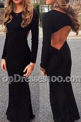 Mermaid Black Prom Dresses Prom and Party and For with Ruching Scoop Long Sleeves Backless