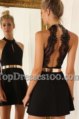 Satin Halter Top Sleeveless Backless Belt Cocktail Dress in Black