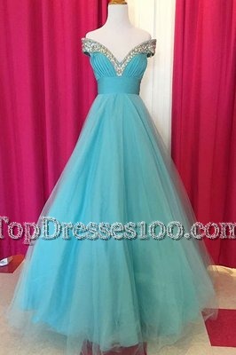 Blue Prom Dress Prom and For with Beading Off The Shoulder Sleeveless Backless