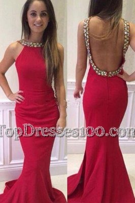 Custom Fit Scoop Hot Pink Mermaid Beading Evening Dress Backless Elastic Woven Satin Sleeveless With Train