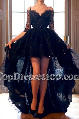 Free and Easy Off the Shoulder Lace High Low Ball Gowns Half Sleeves Navy Blue Homecoming Dresses Backless
