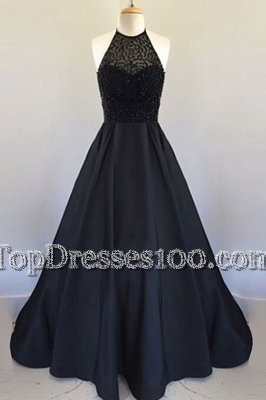 Halter Top Black A-line Beading and Pleated Homecoming Dress Zipper Satin Sleeveless Floor Length