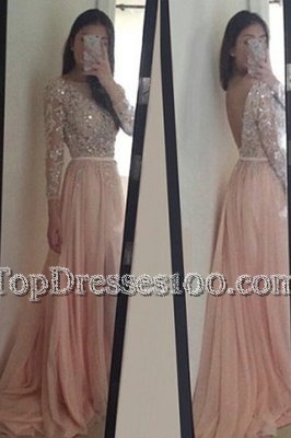 Scoop 3|4 Length Sleeve Chiffon Prom Gown Beading and Ruching Brush Train Backless