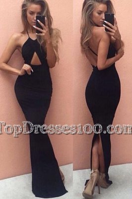 Mermaid Elastic Woven Satin Halter Top Sleeveless Backless Ruching Prom Party Dress in Black