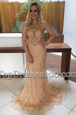 Mermaid Lace Champagne Scoop Neckline Beading Dress for Prom Sleeveless Backless