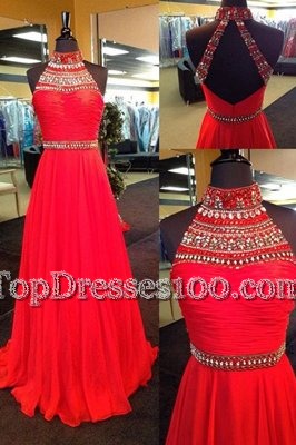 Halter Top Red Sleeveless Beading Floor Length Prom Gown