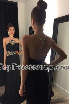 Colorful Mermaid Halter Top Black Criss Cross Prom Gown Beading Sleeveless With Brush Train