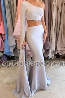 Perfect Mermaid Elastic Woven Satin One Shoulder Long Sleeves Side Zipper Ruching Prom Dresses in Silver