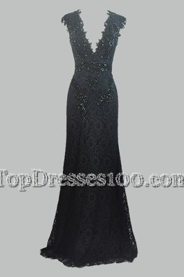 Black Column/Sheath Lace V-neck Cap Sleeves Beading and Lace Floor Length Zipper Evening Dress