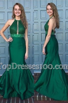 Halter Top Green Mermaid Beading and Lace Evening Dress Backless Satin Sleeveless With Train