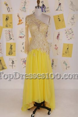 Luxurious One Shoulder Sleeveless Organza High Low Side Zipper Homecoming Dress in Yellow for with Appliques