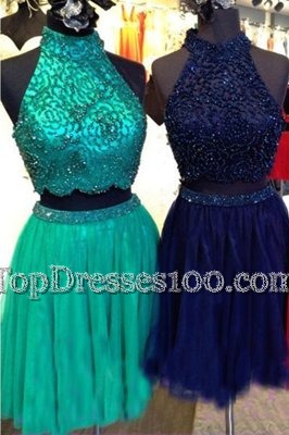 Decent High-neck Sleeveless Party Dress Wholesale Knee Length Beading Turquoise Tulle