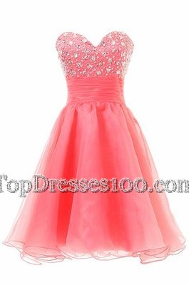 Watermelon Red A-line Sweetheart Sleeveless Chiffon Knee Length Zipper Beading Casual Dresses