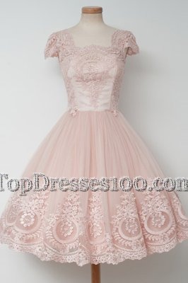 Luxury A-line Party Dress Wholesale Baby Pink Square Tulle Cap Sleeves Tea Length Zipper