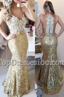 Mermaid Spaghetti Straps Sleeveless Brush Train Zipper Prom Party Dress Gold Lace