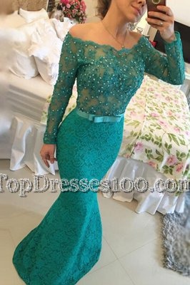 Popular Mermaid Off the Shoulder Turquoise Lace Side Zipper Prom Party Dress Long Sleeves Floor Length Beading