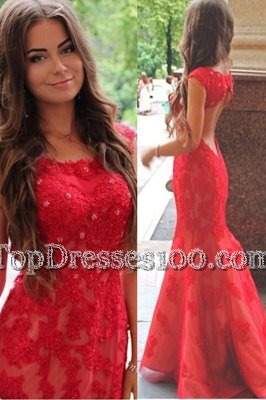 Mermaid Red Scoop Neckline Lace and Appliques Dress for Prom Cap Sleeves Backless