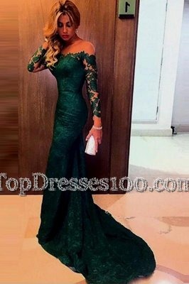 Top Selling Mermaid Off the Shoulder Zipper Dark Green and In for Prom with Lace Sweep Train