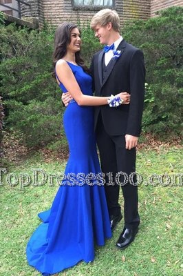 Classical Mermaid Royal Blue Elastic Woven Satin Backless Prom Party Dress Sleeveless With Train Sweep Train Beading