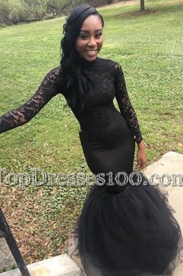 Custom Designed Mermaid Long Sleeves Elastic Woven Satin Floor Length Zipper Prom Evening Gown in Black for with Lace