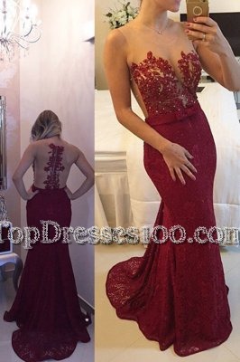 Lovely Mermaid Lace Burgundy Scoop Zipper Beading and Appliques Prom Dress Sweep Train Sleeveless