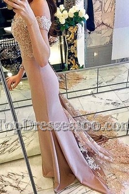 Fantastic Mermaid Pink Off The Shoulder Neckline Beading and Lace and Appliques Prom Dresses Short Sleeves Zipper