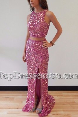 Mermaid Sequins Scoop Sleeveless Sweep Train Backless Prom Party Dress Lilac Sequined